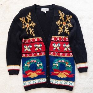 Spice of Life Festive Black Cardigan with Holiday Design